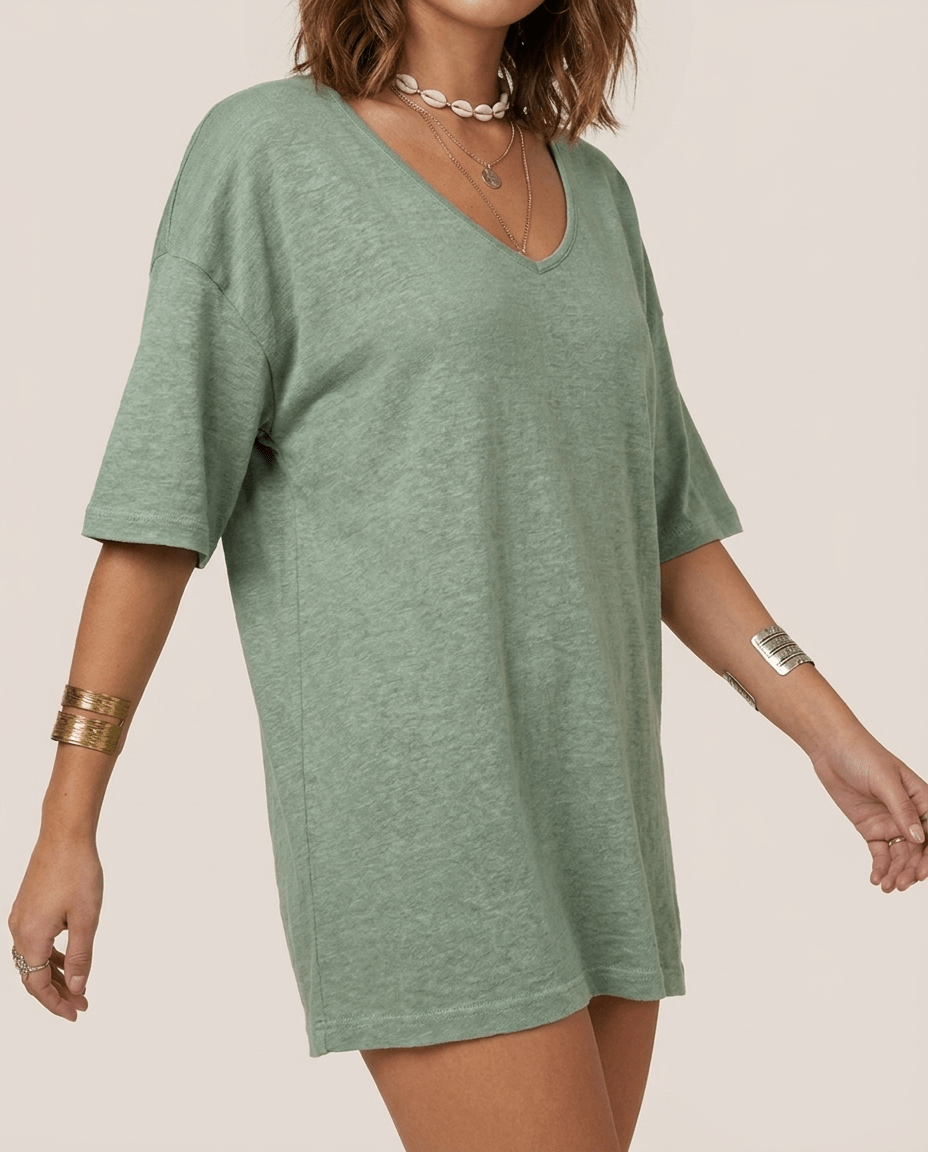 Oversized Cotton Linen T-Shirt for Women – V Neck Short Sleeve Summer Top - Sundrift