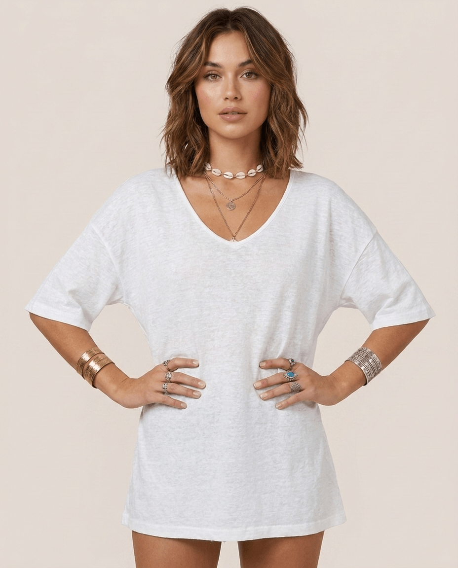 Oversized Cotton Linen T-Shirt for Women – V Neck Short Sleeve Summer Top - Sundrift