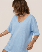 Oversized Cotton Linen T-Shirt for Women – V Neck Short Sleeve Summer Top - Sundrift
