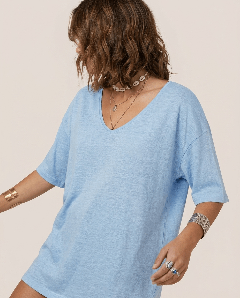 Oversized Cotton Linen T-Shirt for Women – V Neck Short Sleeve Summer Top - Sundrift