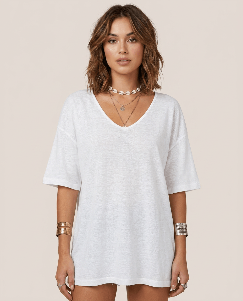 Oversized Cotton Linen T-Shirt for Women – V Neck Short Sleeve Summer Top - Sundrift