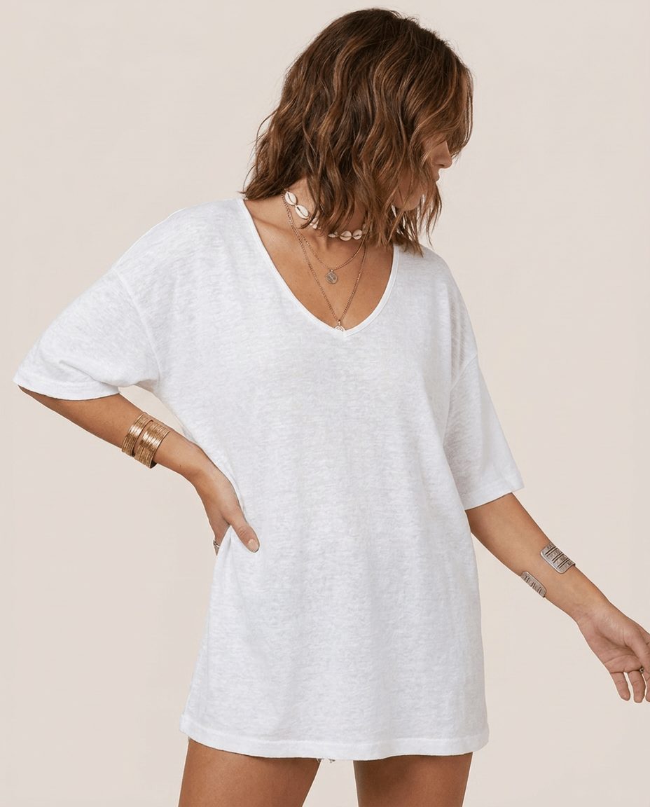 Oversized Cotton Linen T-Shirt for Women – V Neck Short Sleeve Summer Top - Sundrift