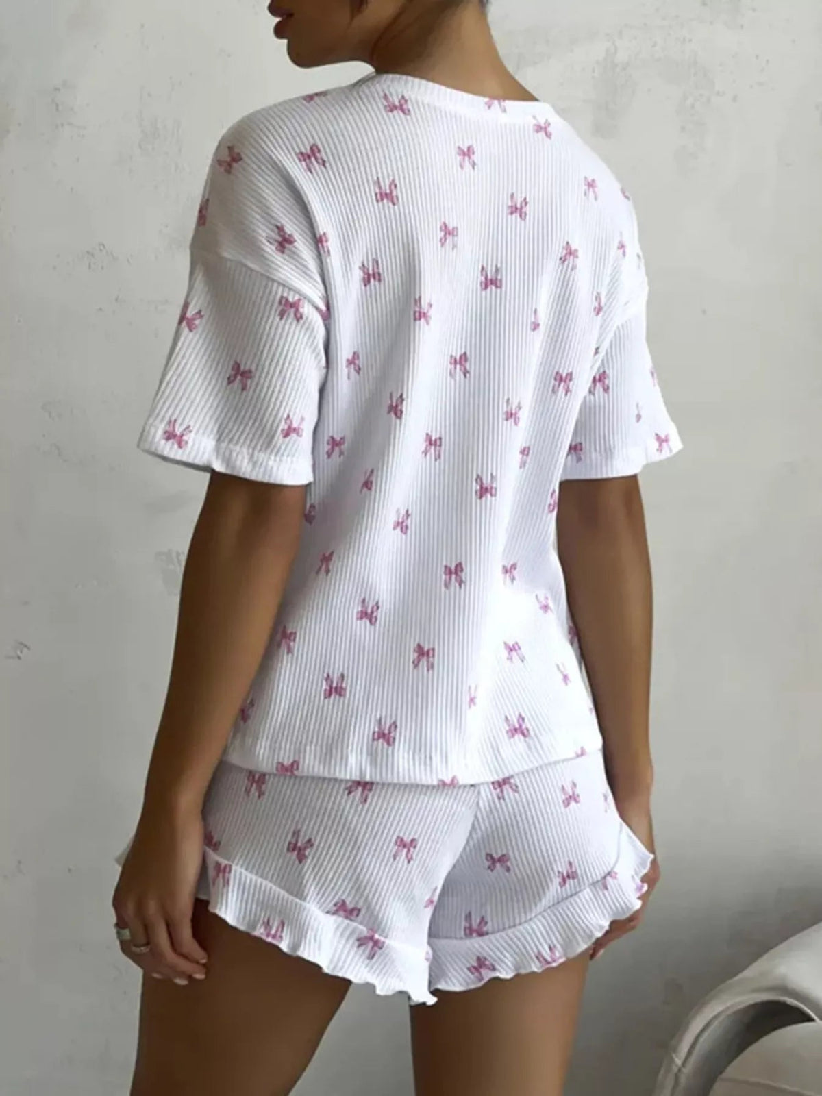 Ribbed Knit Bow Print Top & Shorts Set for Women – Cosy Lounge Pajama Set - Sundrift