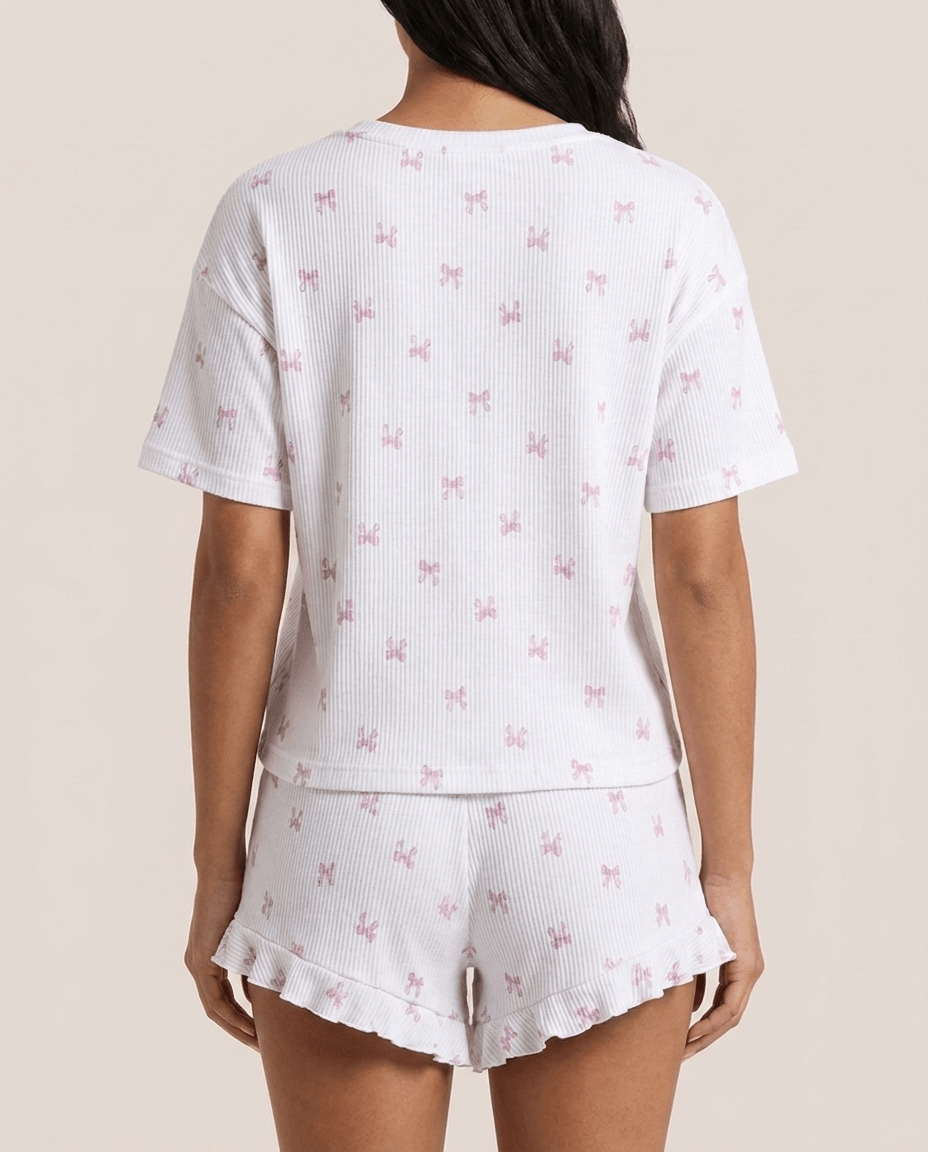 Ribbed Knit Bow Print Top & Shorts Set for Women – Cosy Lounge Pajama Set - Sundrift