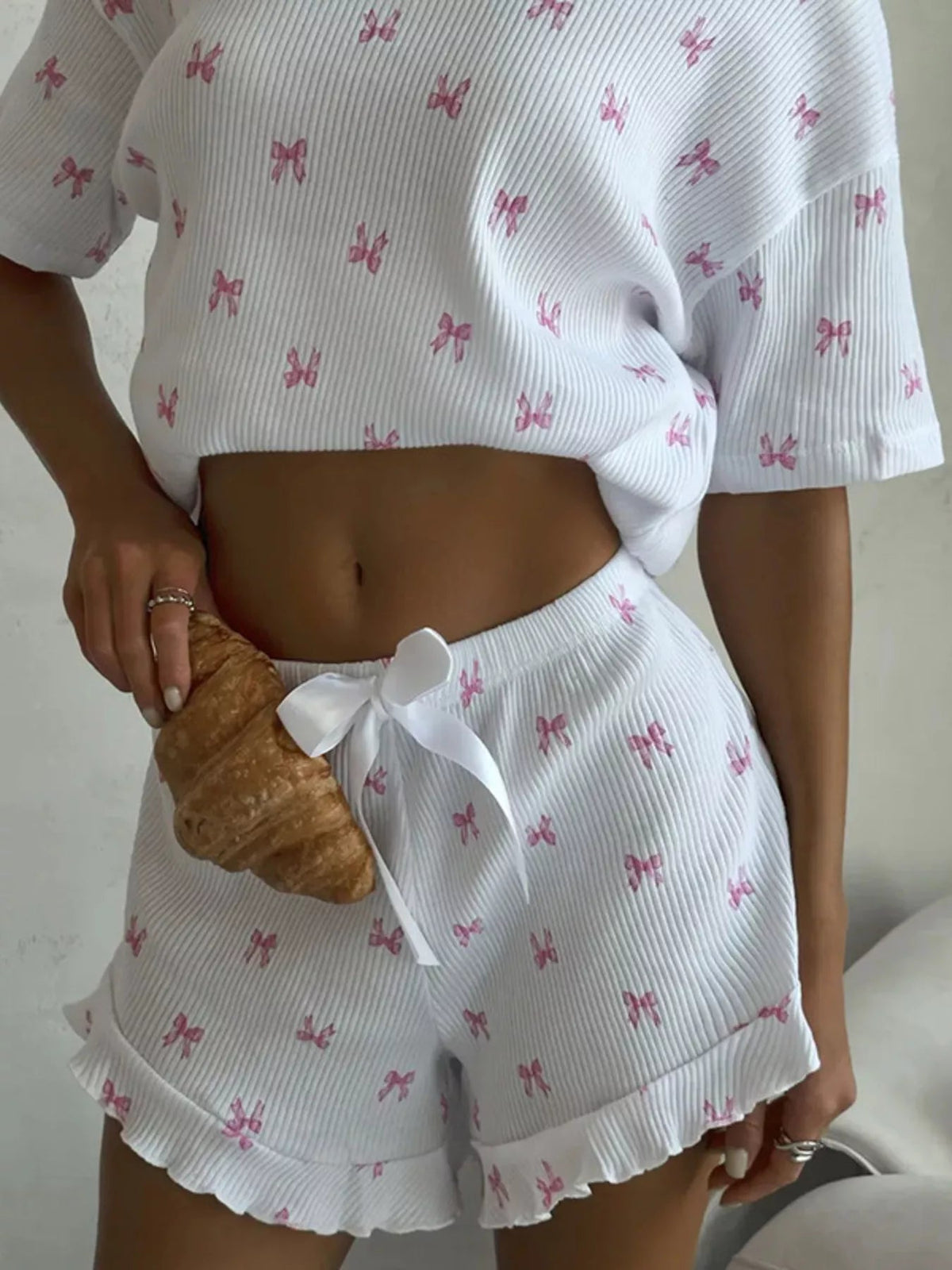 Ribbed Knit Bow Print Top & Shorts Set for Women – Cosy Lounge Pajama Set - Sundrift