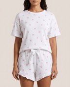Ribbed Knit Bow Print Top & Shorts Set for Women – Cosy Lounge Pajama Set - Sundrift