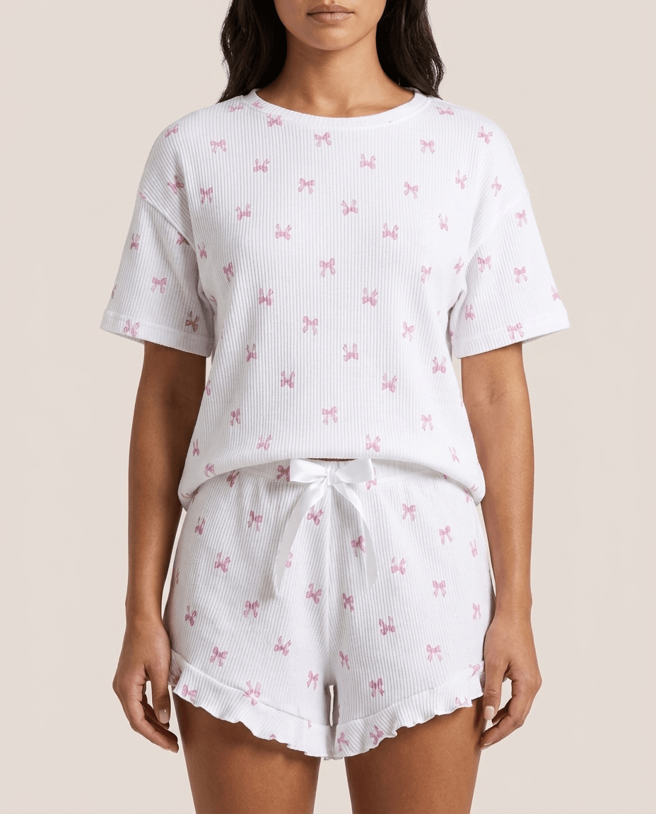 Ribbed Knit Bow Print Top & Shorts Set for Women – Cosy Lounge Pajama Set - Sundrift