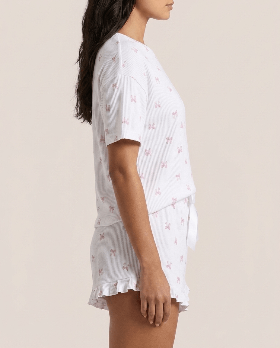 Ribbed Knit Bow Print Top & Shorts Set for Women – Cosy Lounge Pajama Set - Sundrift