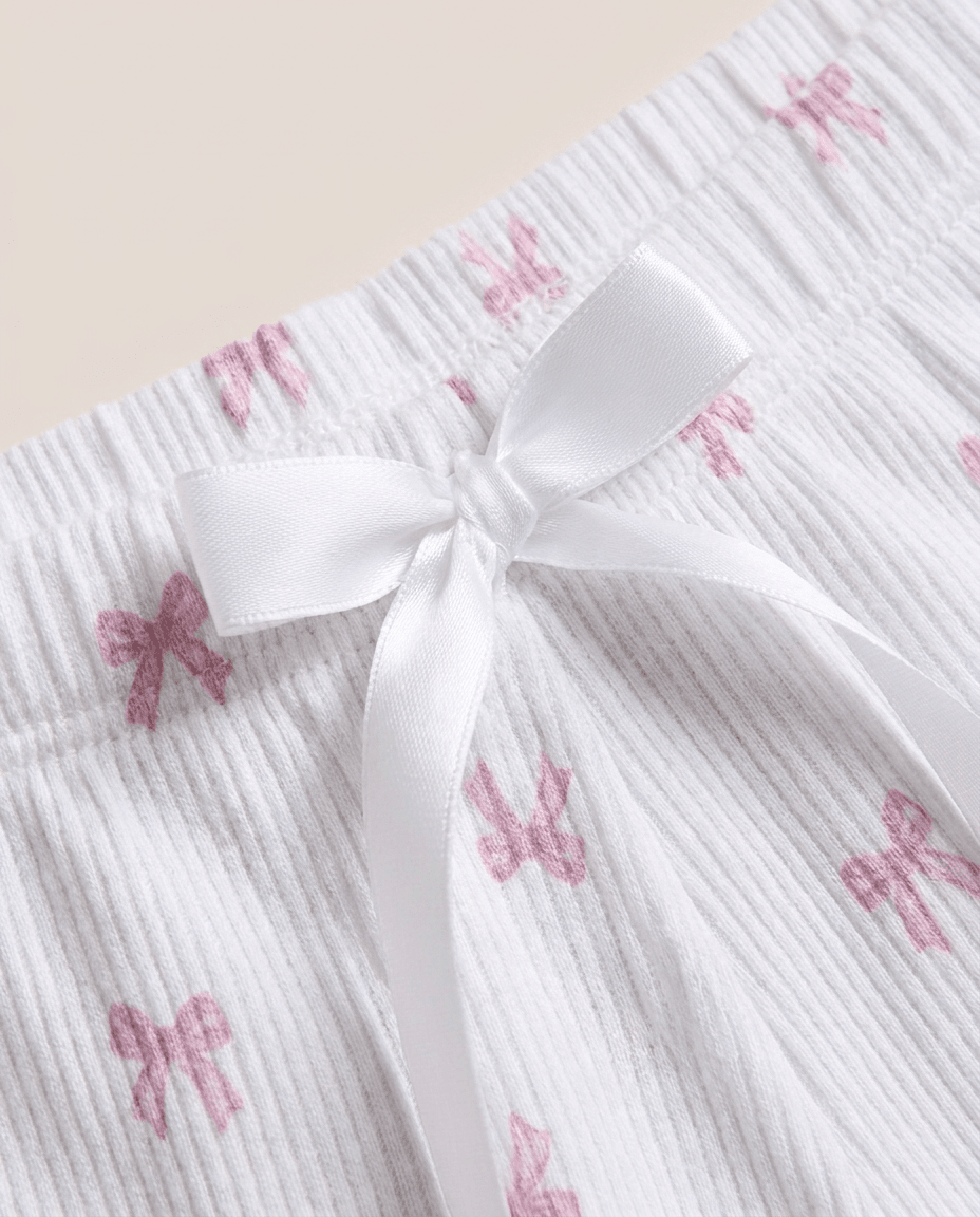 Ribbed Knit Bow Print Top & Shorts Set for Women – Cosy Lounge Pajama Set - Sundrift