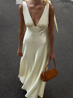 Satin Deep V Neck Dress for Women – Tie Shoulder Slip Party Dress - Sundrift