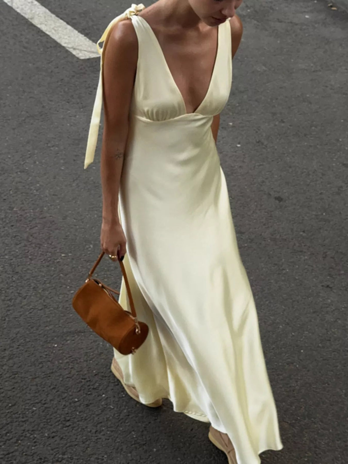 Satin Deep V Neck Dress for Women – Tie Shoulder Slip Party Dress - Sundrift