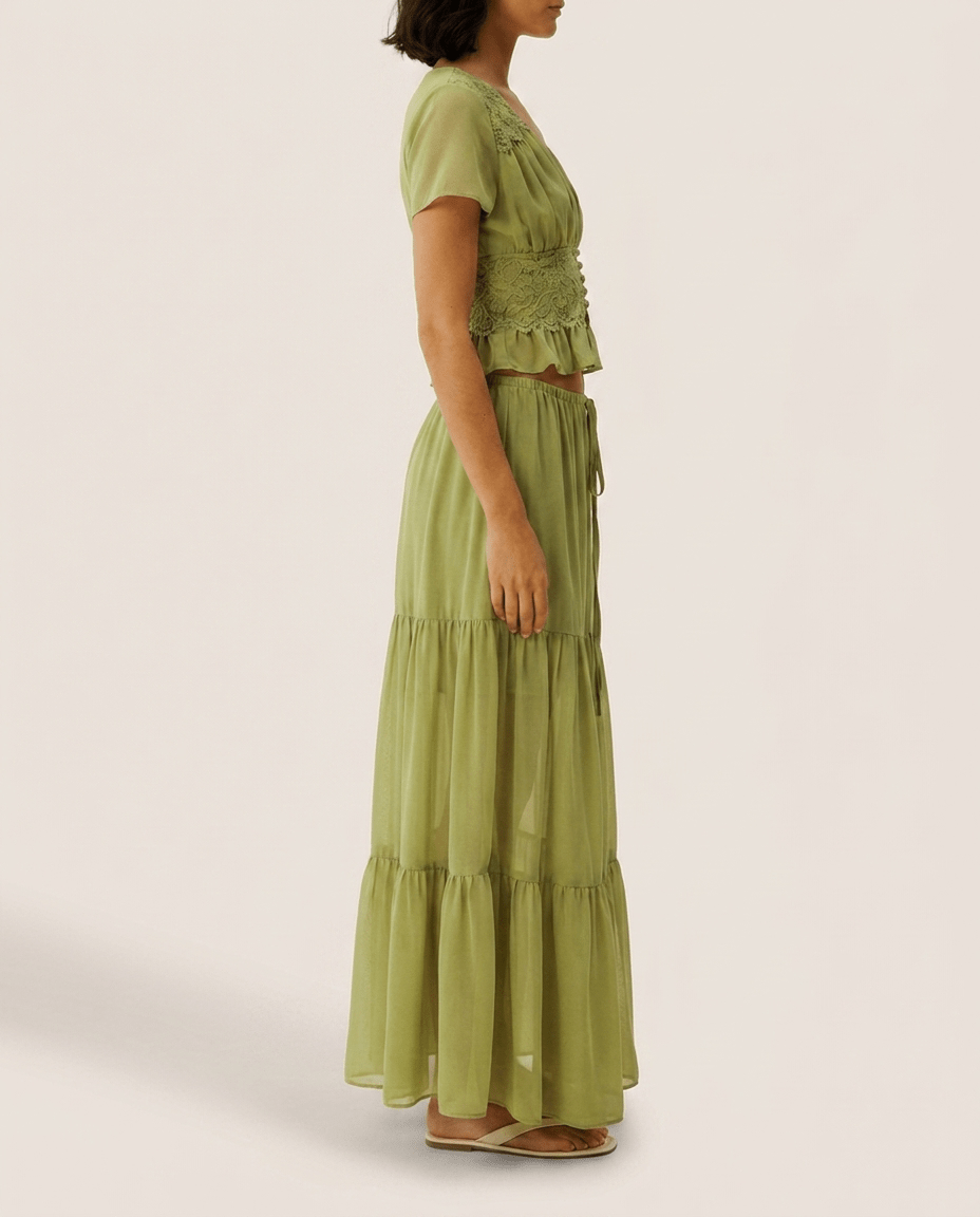 Two Piece Chiffon Summer Set for Women – V Neck Crop Top & Maxi Skirt - Sundrift