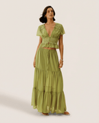 Two Piece Chiffon Summer Set for Women – V Neck Crop Top & Maxi Skirt - Sundrift