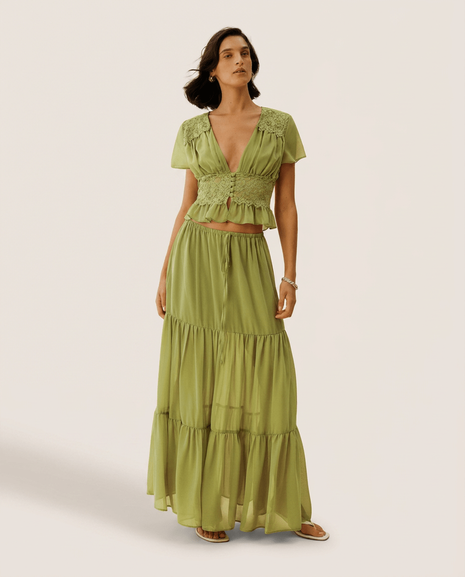 Two Piece Chiffon Summer Set for Women – V Neck Crop Top & Maxi Skirt - Sundrift