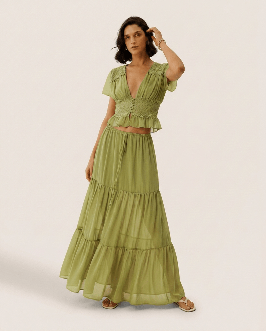Two Piece Chiffon Summer Set for Women – V Neck Crop Top & Maxi Skirt - Sundrift