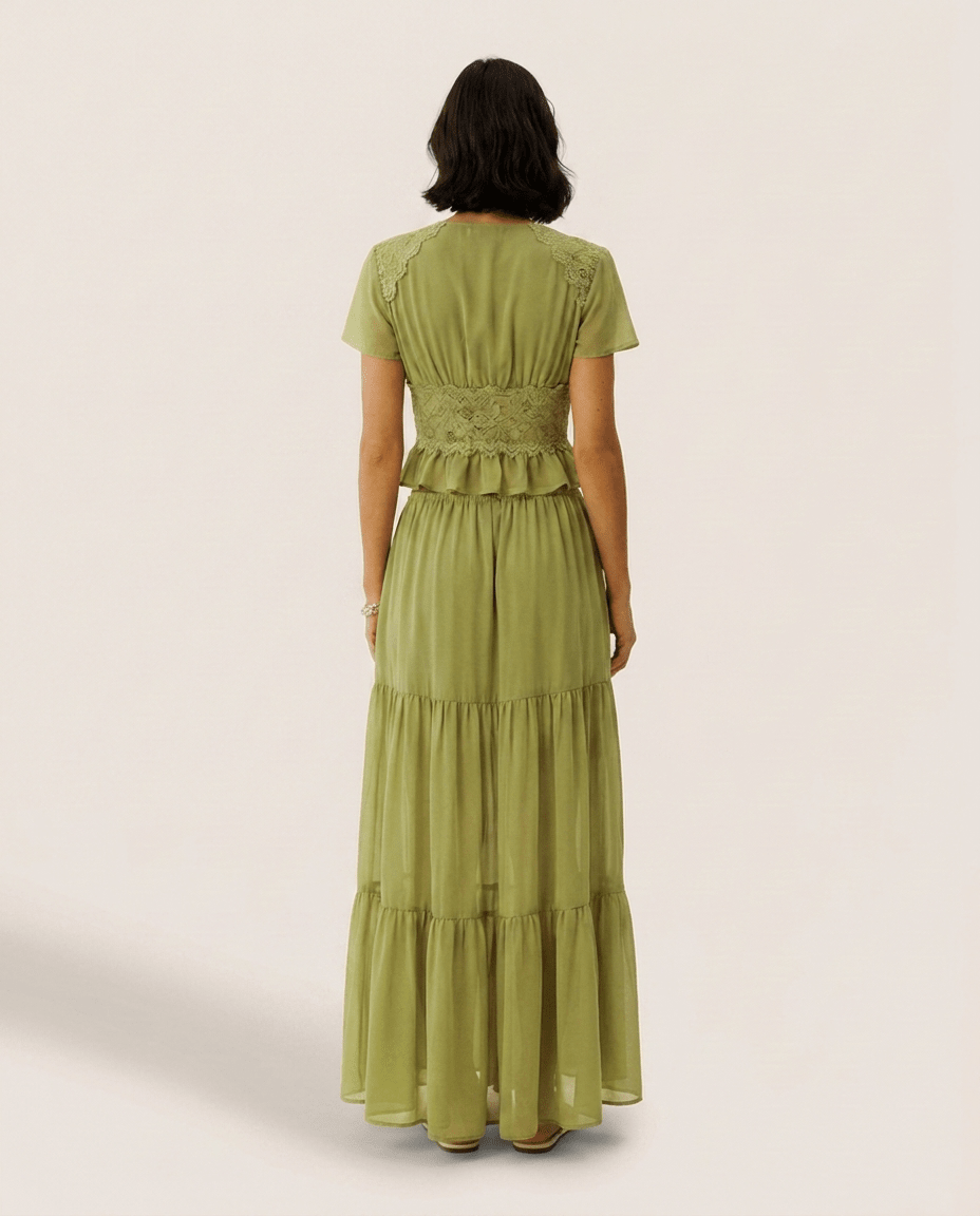 Two Piece Chiffon Summer Set for Women – V Neck Crop Top & Maxi Skirt - Sundrift