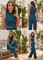 Two Piece Set for Women – Sleeveless Mock Neck Crop Top & Wide Leg Trousers - Sundrift