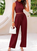 Two Piece Set for Women – Sleeveless Mock Neck Crop Top & Wide Leg Trousers - Sundrift