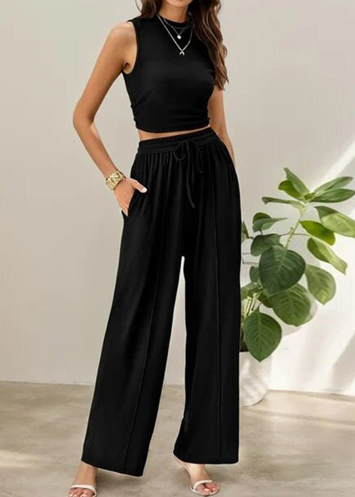 Two Piece Set for Women – Sleeveless Mock Neck Crop Top & Wide Leg Trousers - Sundrift