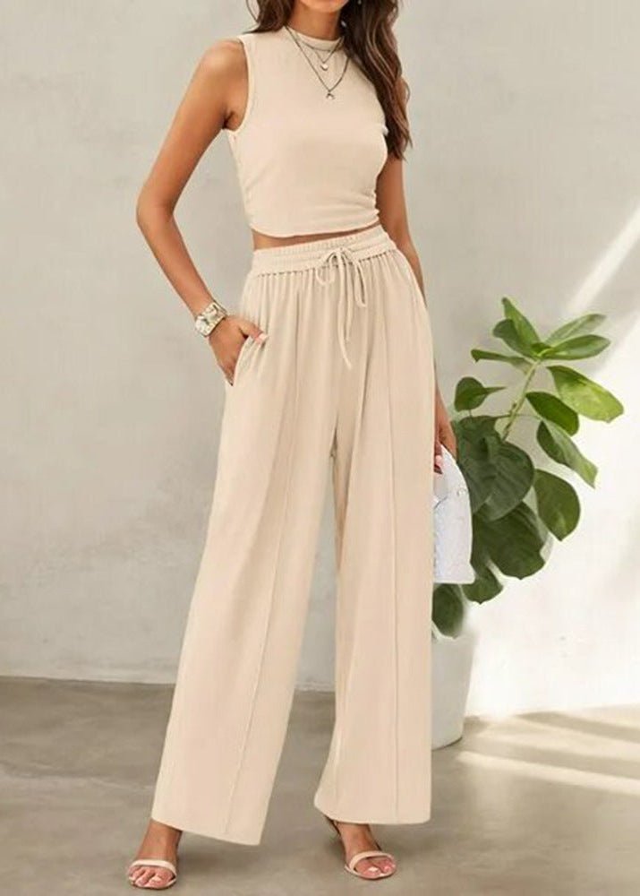 Two Piece Set for Women – Sleeveless Mock Neck Crop Top & Wide Leg Trousers - Sundrift