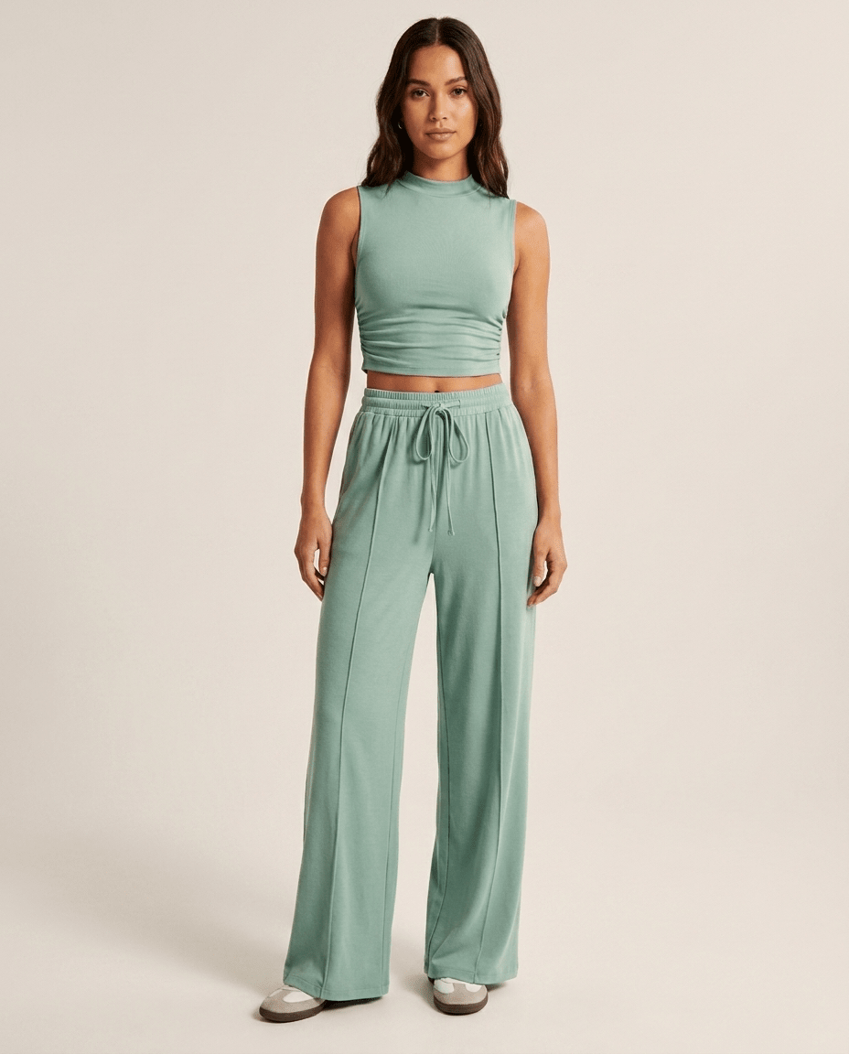 Two Piece Set for Women – Sleeveless Mock Neck Crop Top & Wide Leg Trousers - Sundrift