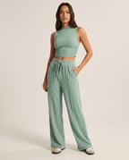 Two Piece Set for Women – Sleeveless Mock Neck Crop Top & Wide Leg Trousers - Sundrift