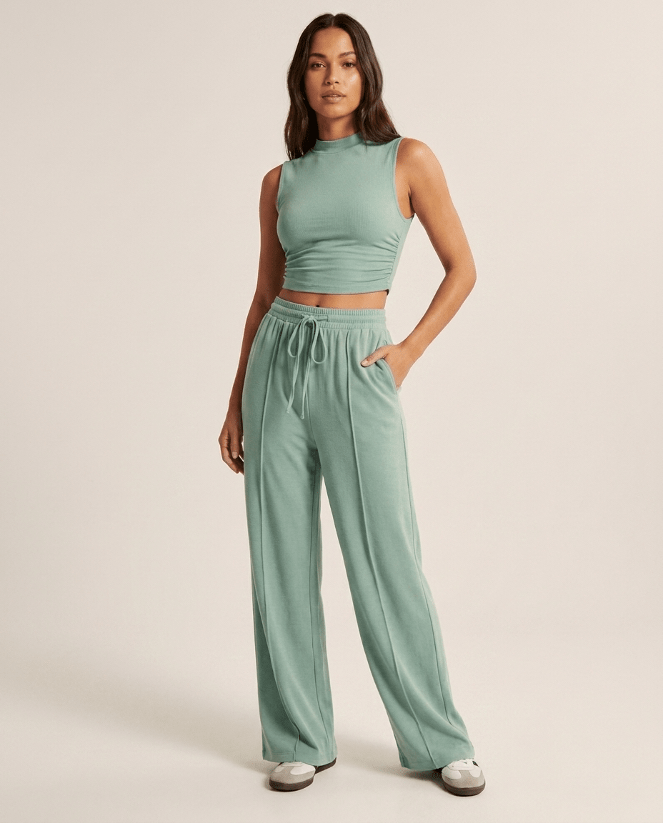 Two Piece Set for Women – Sleeveless Mock Neck Crop Top & Wide Leg Trousers - Sundrift