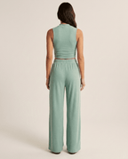 Two Piece Set for Women – Sleeveless Mock Neck Crop Top & Wide Leg Trousers - Sundrift