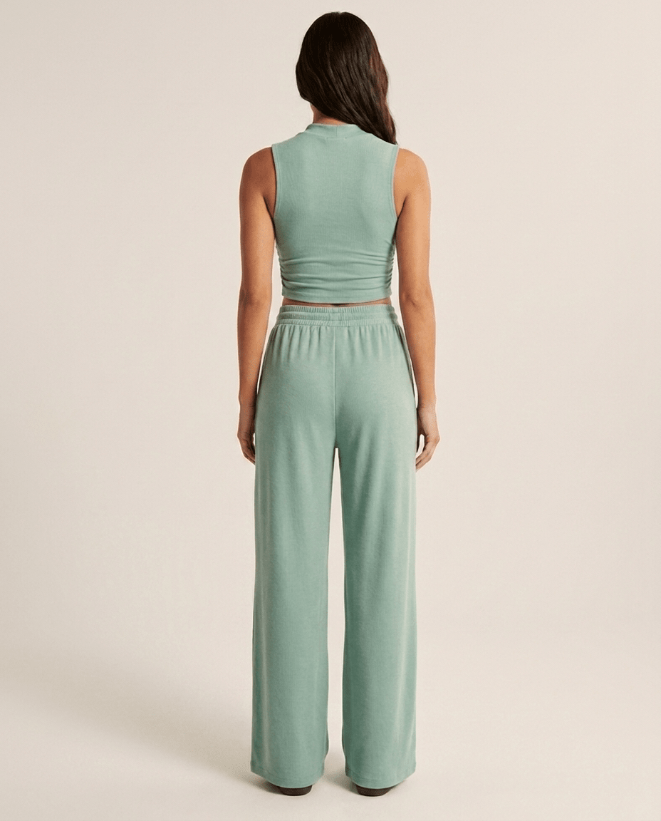 Two Piece Set for Women – Sleeveless Mock Neck Crop Top & Wide Leg Trousers - Sundrift