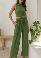 Two Piece Set for Women – Sleeveless Mock Neck Crop Top & Wide Leg Trousers - Sundrift